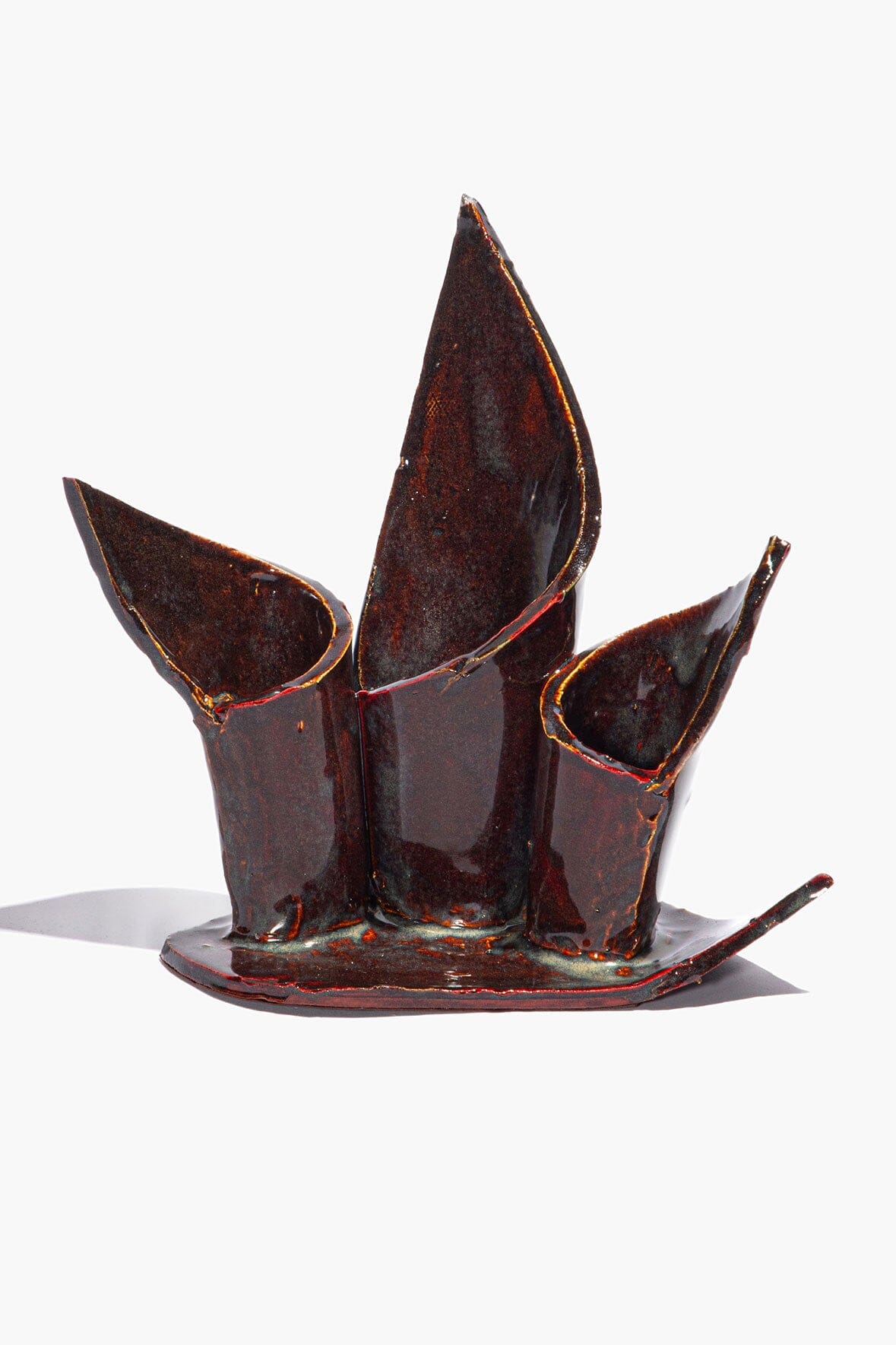 CERAMIC TRIPLE CANDLESTICK HOLDER | MAROON WASH GLAZE